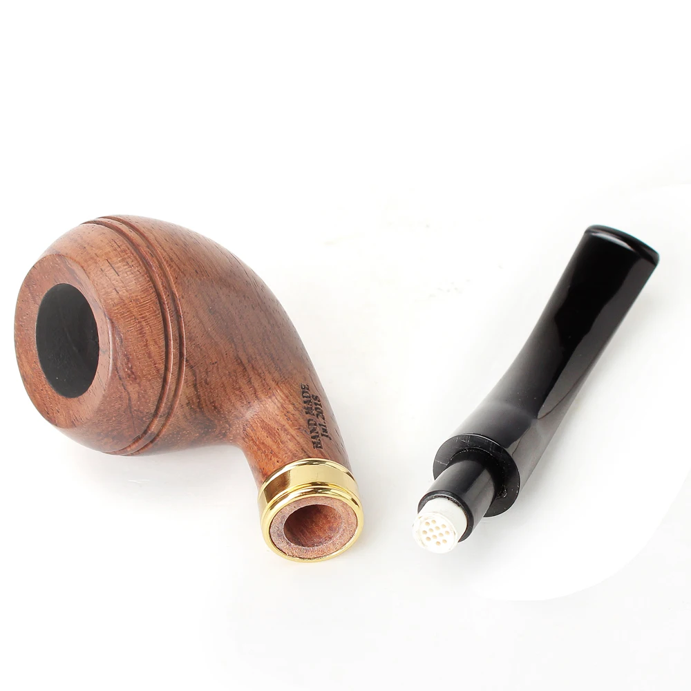 MUXIANG Sandalwood Tobacco Pipe Bulldog Pipe Acrylic Curved Handle with Decorative Ring Bowl Diameter 19mm 9mm Pipe Channel