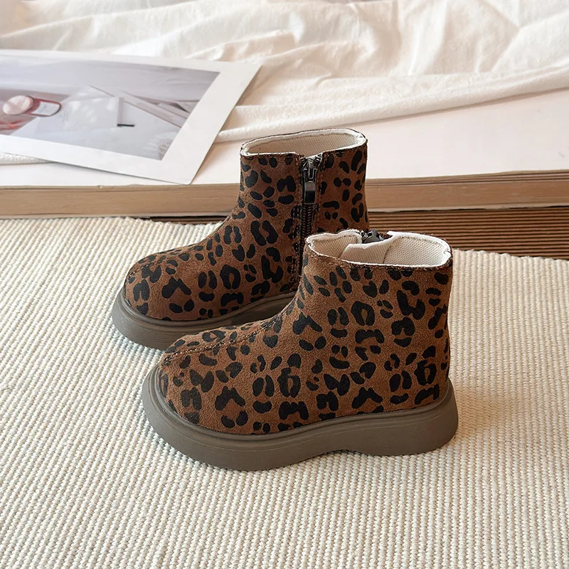 Mumoresip Spring Autumn Children Retro Ankle Boots Leopard Printed Girls Suede Platform Boots Non-slip Zipper Kids Leather Boots