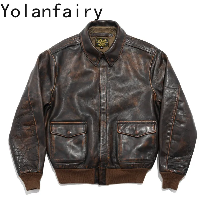 

YOLANFAIRY Retro Distressed Rubbed Color Cowhide Leather Coat Man Clothing Short Genuine Leather Jacket Men Fashion Outerwear