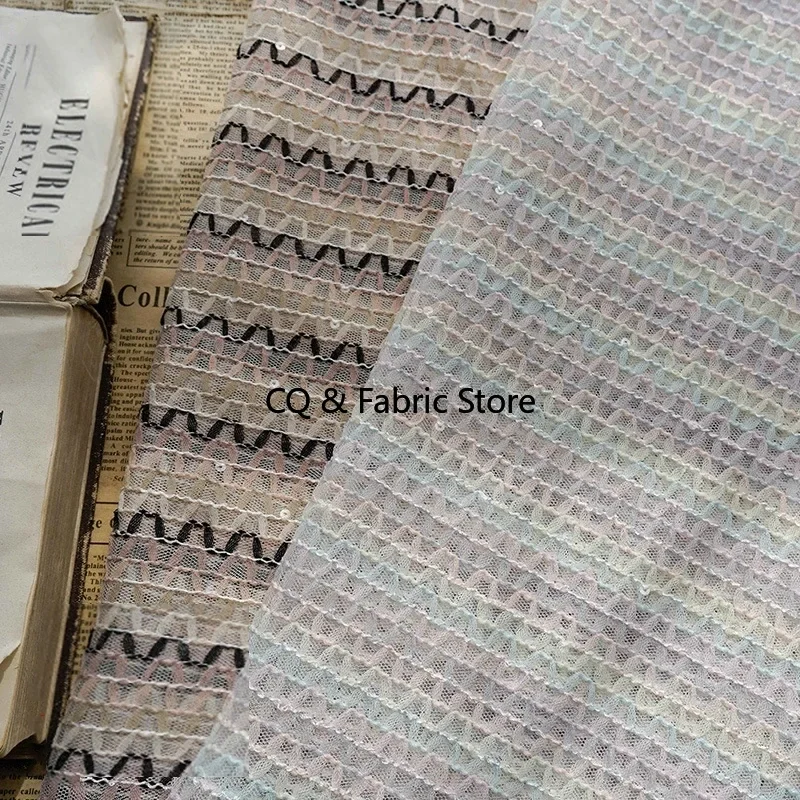 Two-color Striped Hook Embroidery Tulle Lace Fabric For Women's Spring And Summer Dress Skirt Handmade DIY Fabric By The Meter