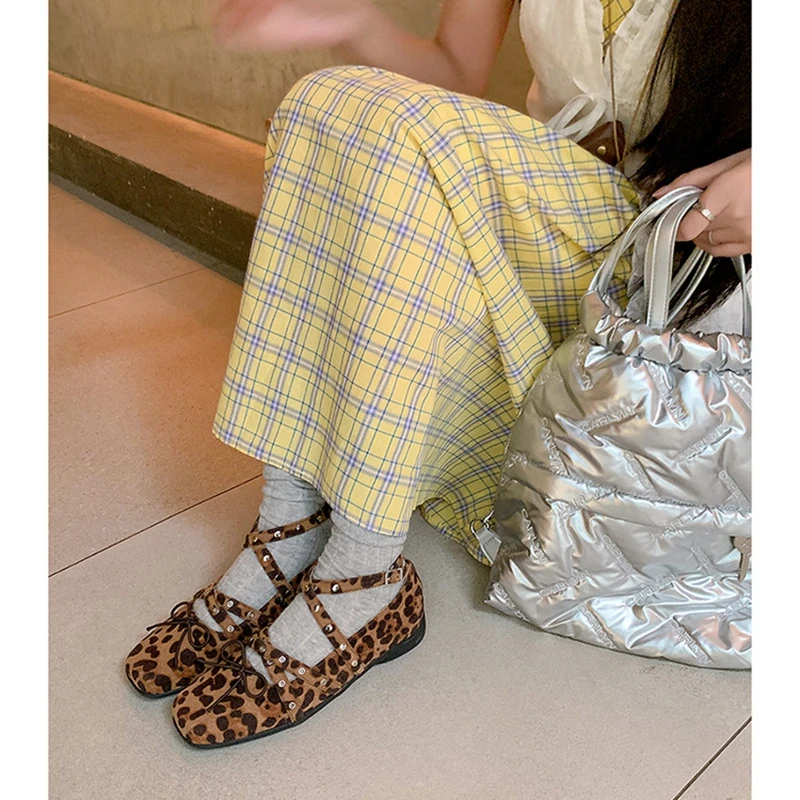 New women's genuine leather, cowhide, sheep suede, leopard print, elastic rivets, belt buckle, mid heeled Mary Jane shoes