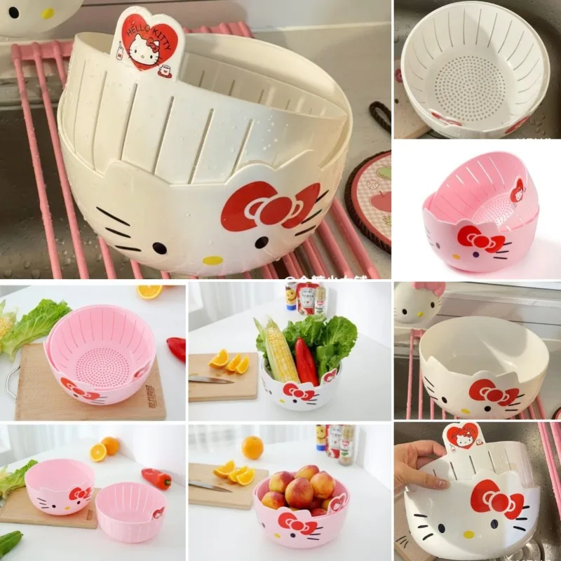 

Sanrio Hello Kitty Многофункциональная сливная корзина для фруктов и овощей, пластиковая двухэтажная корзина для риса, кухонные принадлежности, инструмент