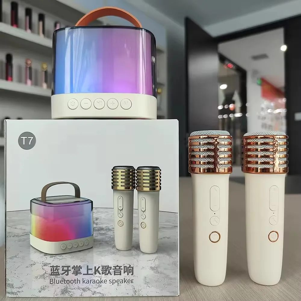 T7 Macchina portatile Karaoke Lettore musicale Mp4 2 microfoni Mini altoparlante da 5 W per esterni Blue Tooth con luce a LED e microfono