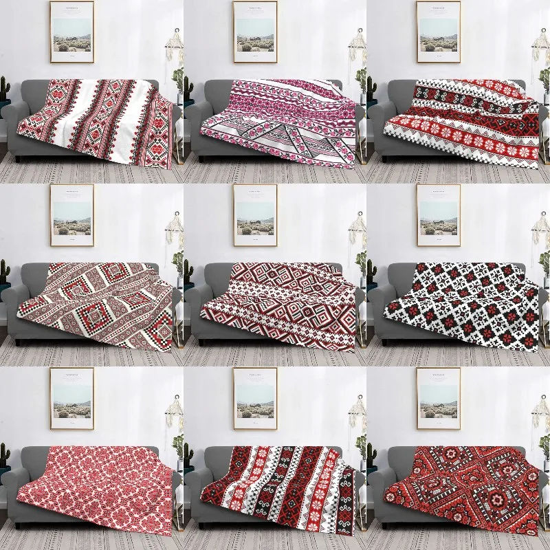 Ukraine Vyshyvanka 3D Printed Embroidery Blankets Warm Flannel Bohemian Geometric Throw Blanket for Bed Travel Rug Piece