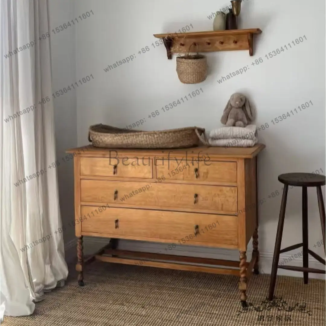 American retro solid wood chest cabinet French engraved living room display locker