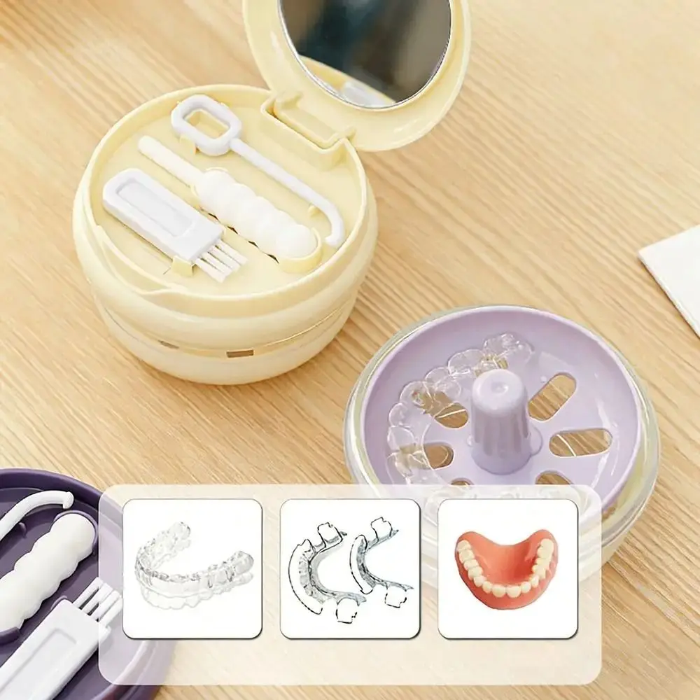 Elastic Lifting Portable Denture Case Clear Case No-Leak Design Denture Soak Cup Sealed with Mirror Dental Retainer Organizer