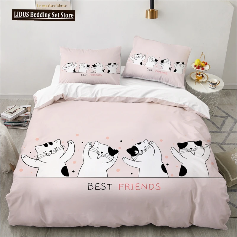 

Cute Cartoon Animals Pink Toddler Bedding Set 3D Funny Cat Print Duvet Cover Twin Queen Size For Teens Boys Girls Bedroom Decor