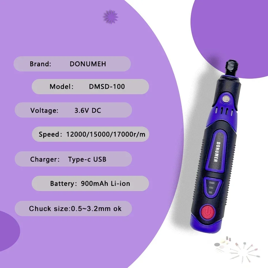 Imagem -02 - Donumeh-moedor de Broca Elétrico sem Fio Mini Caixa de Ferramentas 17000rpm Multiuso 37 v Carregamento tipo c Home Faça Você Mesmo Ferramenta Rotativa