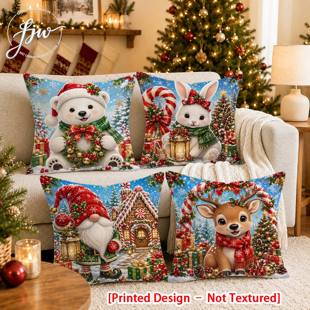 [Printed Design – Not Textured]-4pcs Christmas Throw Pillow Covers Holiday Decor New Year party decoration cushion Cover