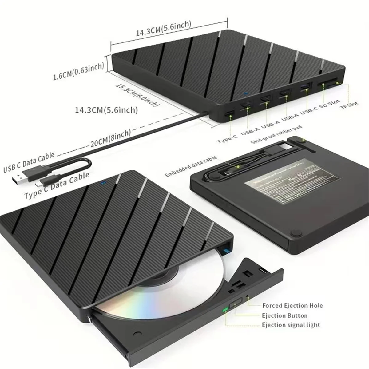 LBER External CD/DVD Drive for Laptop, 7 in 1 USB Ultra-Slim Portable CD/DVD Player Burner, Burner Writer External Disk Drive