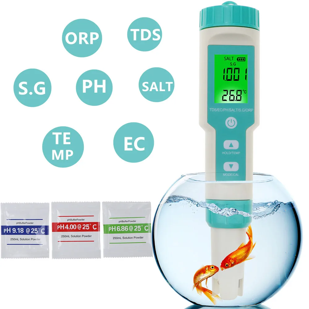 New 7 in 1 Digital Salinity Tester ORP PH TDS EC SG TEMP Meter ORP LCD Monitor Water Quality Detector for Pool Aquarium