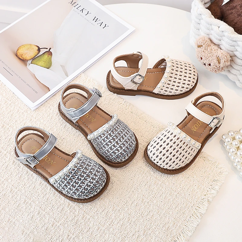 Toddler Girls Braided Sandals with Shiny Beaded 2026 New Summer Kid Vacation Beach Sandals Soft Sole Simple Princess Party Flats
