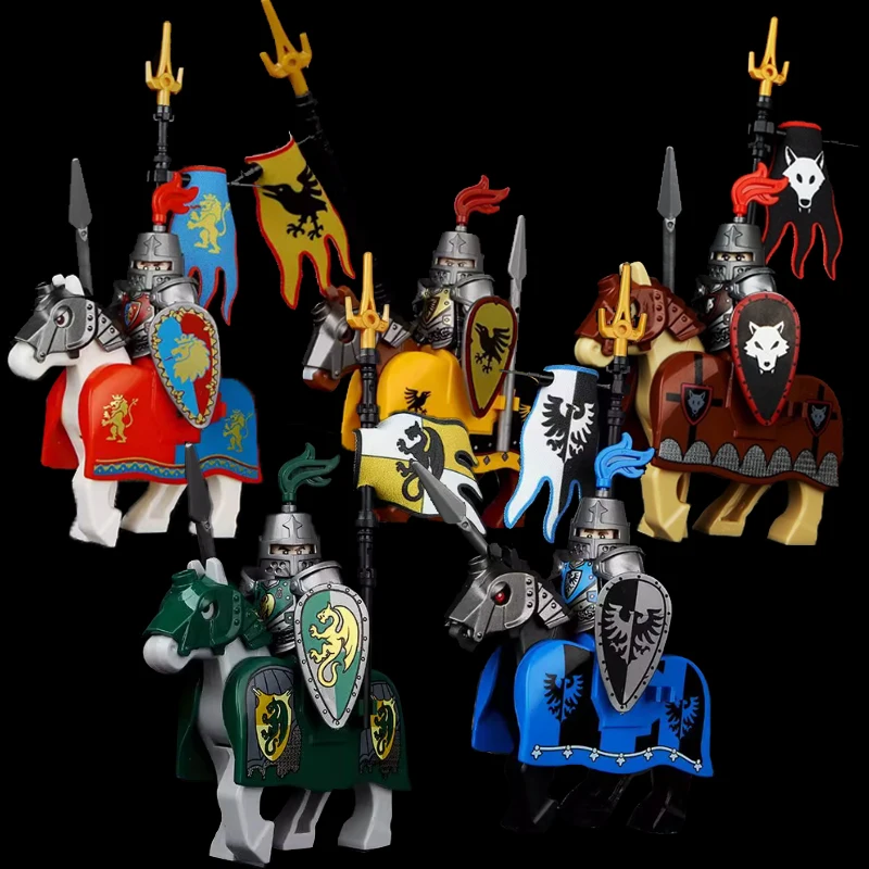 Moc medieval cavaleiro castelo figuras blocos de construção arma lobo espadachim guarda arco seta escudo bandeiras cavalo guerra brinquedos presentes s002