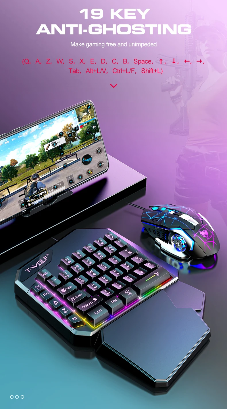 T-WOLF TF900 40-Key One-Handed Gaming Keyboard and Mouse Set, Wired USB RGB Backlit, with Converter, Mousepad and Phone Holder,