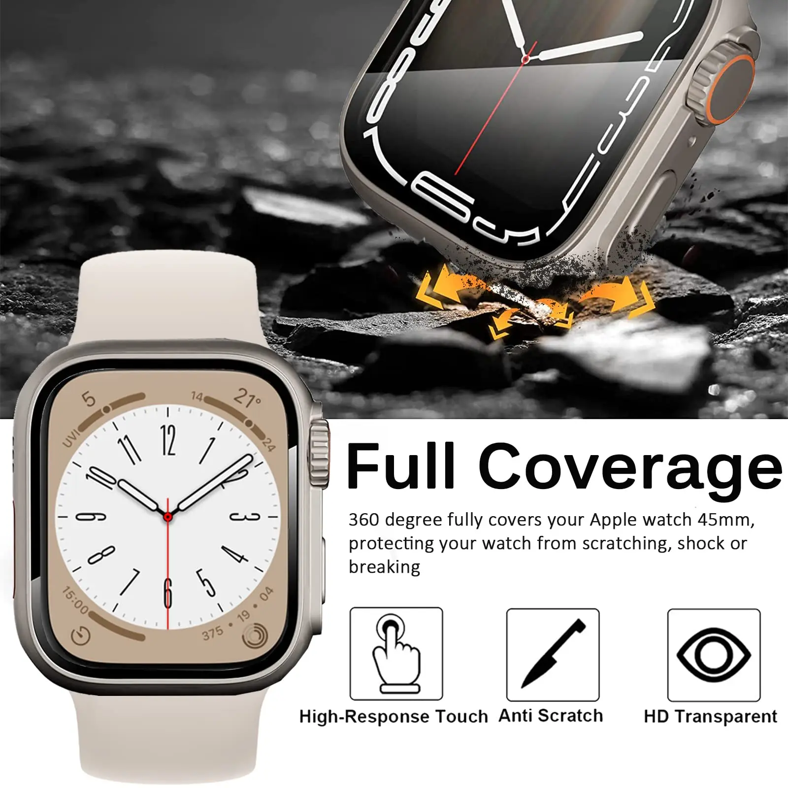 Funda firme de cristal + PC para Apple Watch, 44mm, 40mm, 45mm, 41mm, actualización de apariencia de 49mm, se convierte en ultra 2 iWatch series 8, 7, se, 9