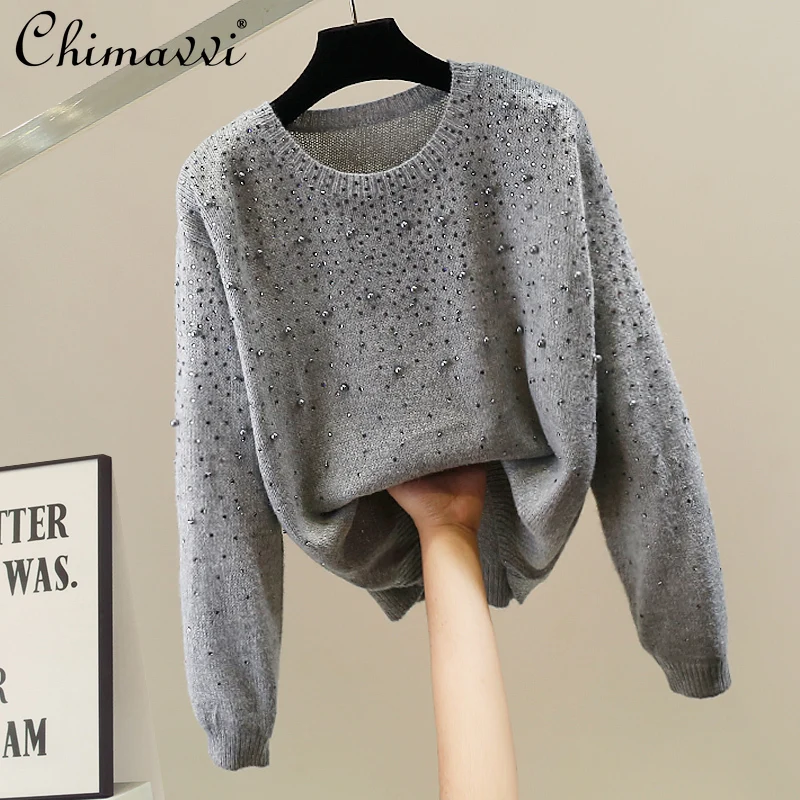 

Fashion Heavy Beading Rhinestone Decorated Round Neck Knitted Sweater Women Autumn Winter Gray Loose Long Sleeve Elegant Top