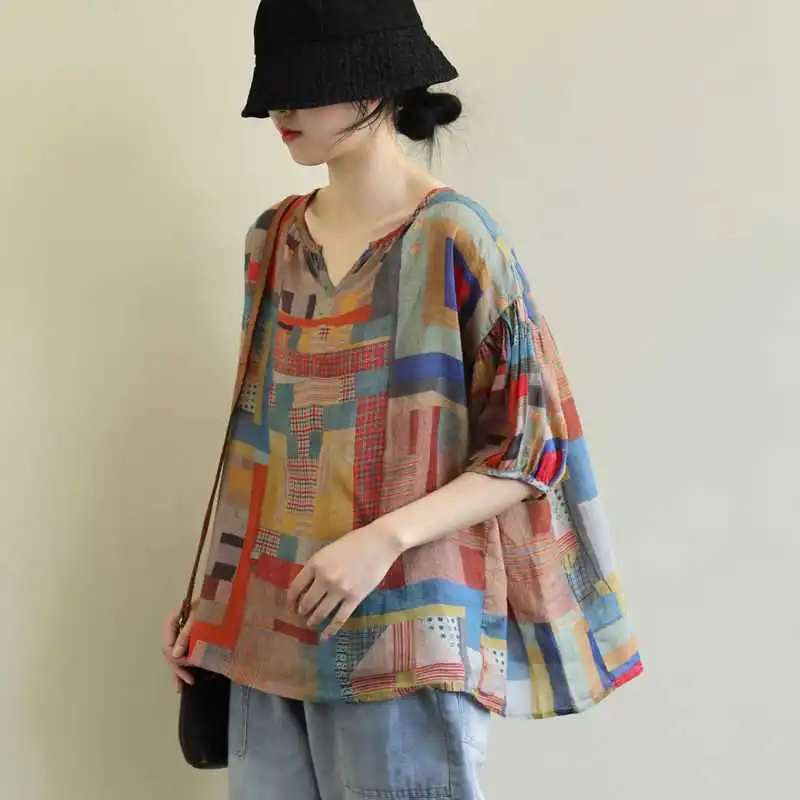 

Loose Cotton Linen ort Sve T-irt Women's Summer New Sle V-ne Printed Slimming Large Size Ethnic Wind irt Top