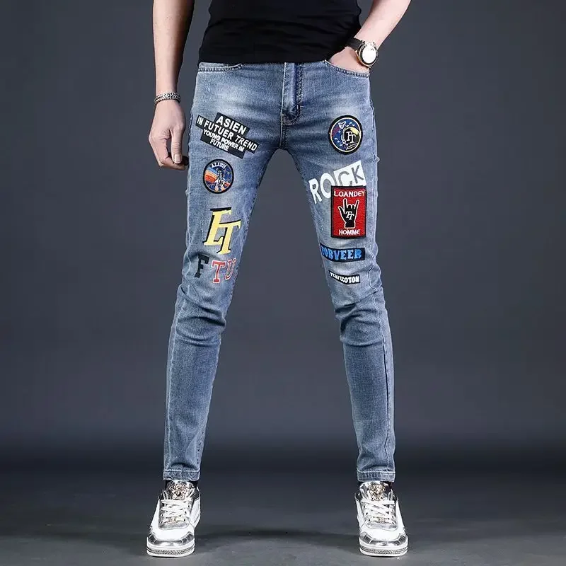 

Harajuku Spring Autumn Washed Blue Stretch Pattern Printed Original Skinny Long Luxury Brand Stylish Denim Jeans Pants for Men