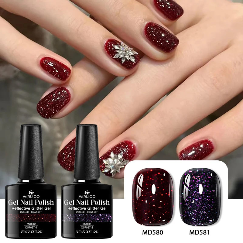 Wine Red Purple Reflective Glitter Gel Nail Polish Nude Pink Disco Flashy Semi Permanent Soak Off UV Gel Varnish Nail Supplies