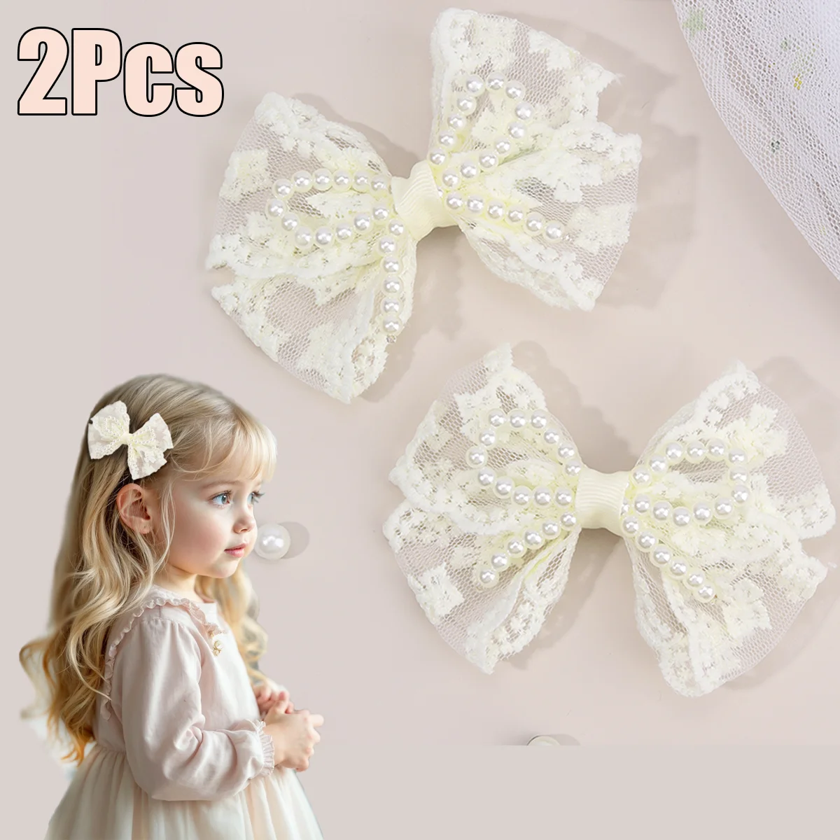 Pinces à cheveux avec nœud en dentelle pour filles, 2 pièces, épingles à cheveux en perles douces, Barrette brodée florale, accessoires de couvre-chef pour enfants