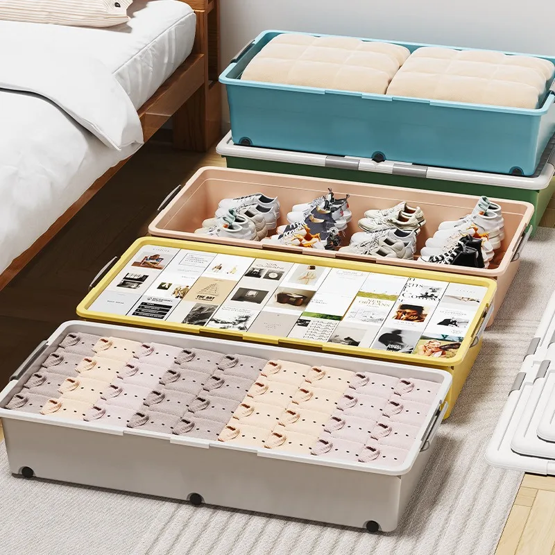 Multipurpose Flat Under Bed Storage Box with Drawers Wheels for Clothes Quilts Shoes Such As Bedding Organizer