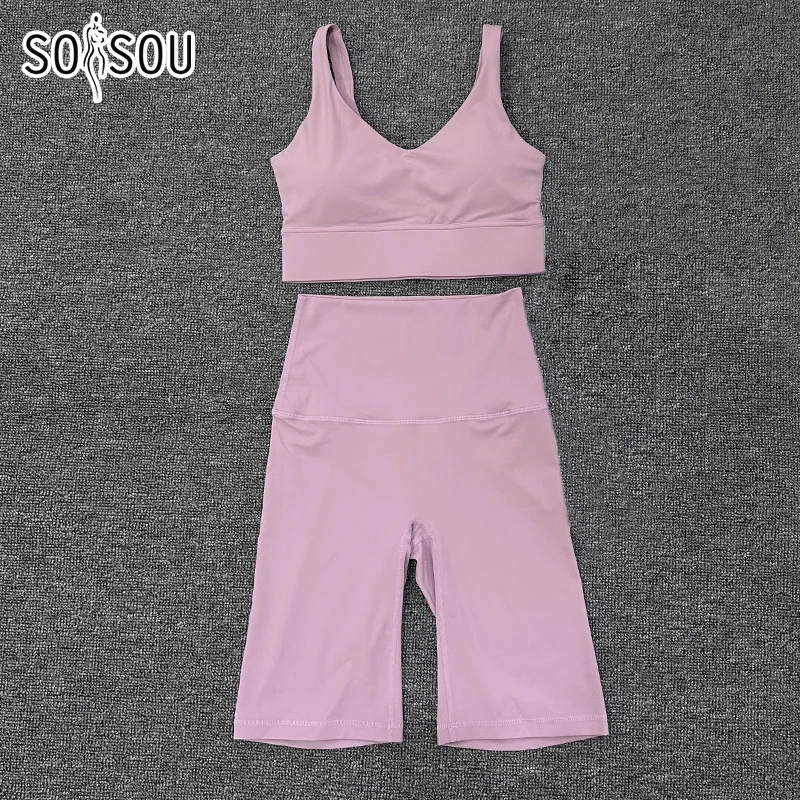 SOISOU Nylon Short Sets Roupas Femininas Sports Bra Ciclismo Shorts Workout Set Ginásio Yoga Sexy Outfit Mulheres das Mulheres 2023