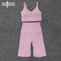 SOISOU-Conjuntos de pantalones cortos de nailon para mujer, ropa deportiva, sujetador, pantalones cortos de ciclismo, chándal para mujer, gimnasio, Yoga, atuendo Sexy, 2023