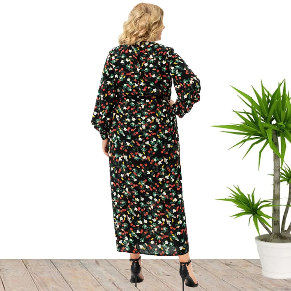 Plus Size New Arrival z dekoltem w szpic z długim rękawem w kwiatowy wzór jesienne sukienki z wiskozy dla dużych eleganckich kobiet