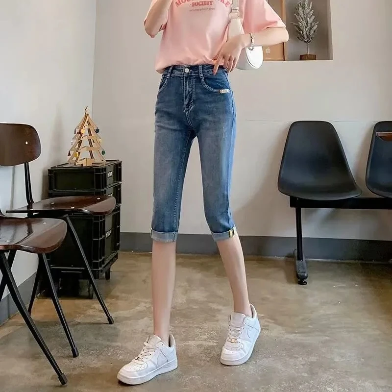 

Woman's Jeans Black Denim Pants Ladies Cropped Trousers Skinny Knee Length Jeans Women Elastic High Waist Mom Jeans Plus Size