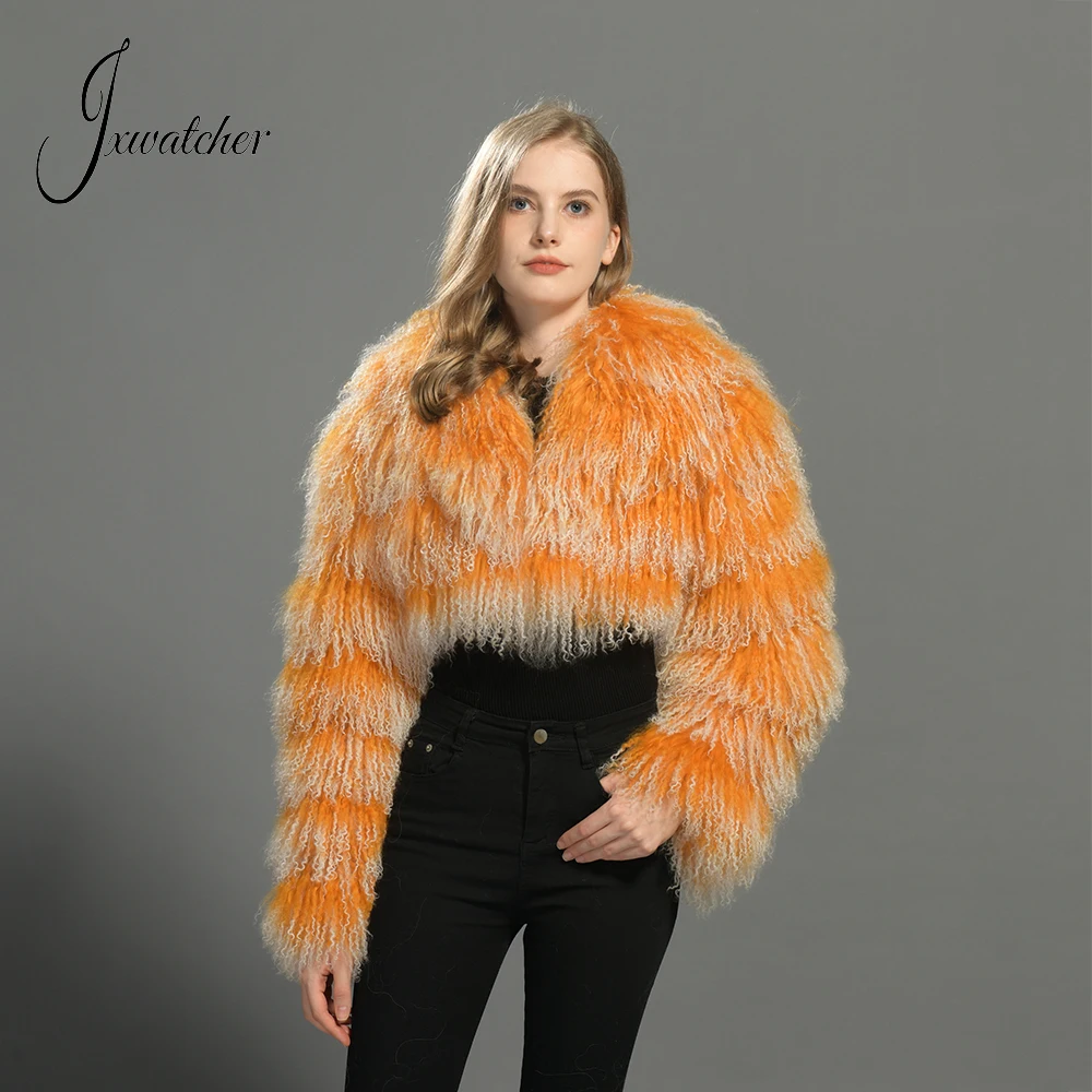 Jxwatcher Dames Echte Mongoolse Bontjas Winter Warme Pluizige Bont Cropped Jasje Dames Herfst Mouw Nieuwe Stijl Bovenkleding