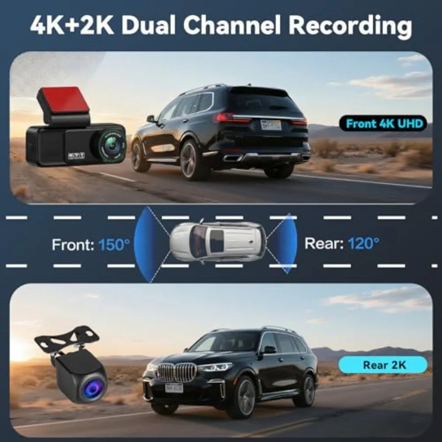 Car dash cam system with front 4K and rear 2K dual cameras, built-in GPS and WiFi, loop recording, night vision, G-sensor, 24H view 4