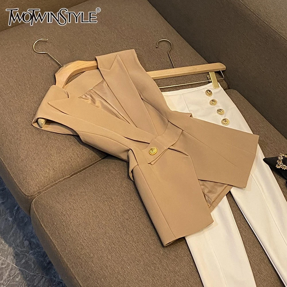 

TWOTWINSTYLE Elegant Slimming Solid Jackets For Women V Neck Sleeveless Spliced Belt Autumn Casual Jacket Female New KJA550510