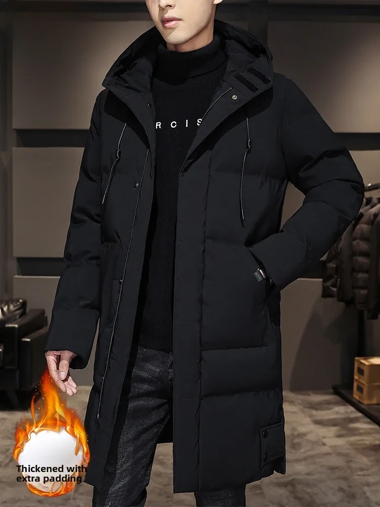 Men's Hooded Thickened Fleece Lined Mid-Length Cotton Jacket Warm And Stylish Autumn Winter Large Size Casual Outerwear