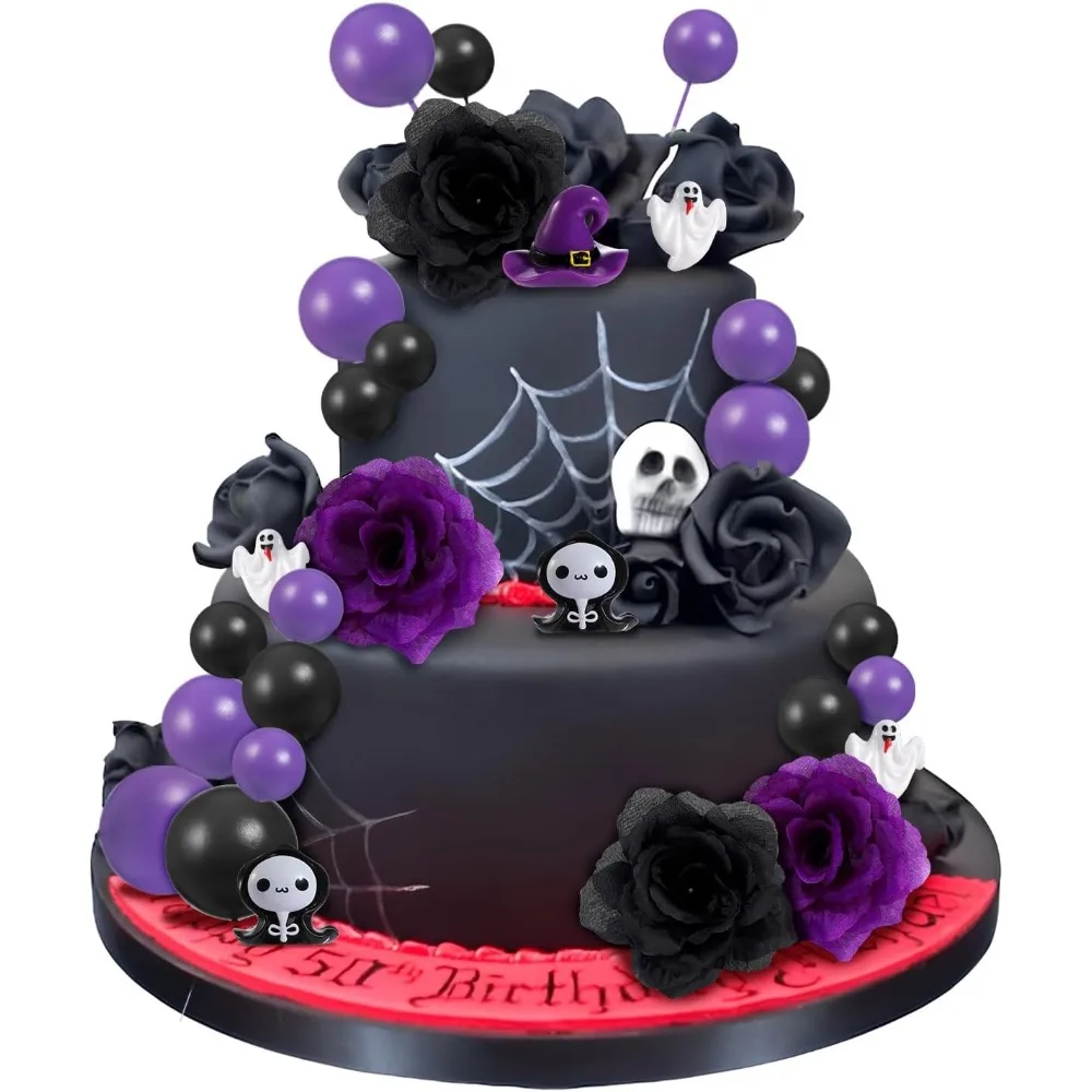 Halloween 44 Stück Kuchen- und Kekse-Dekorationszubehör mit lila Kugel, Geisterrosen-Hexe, Cupcake-Topper für Geburtstagsparty-Dekoration