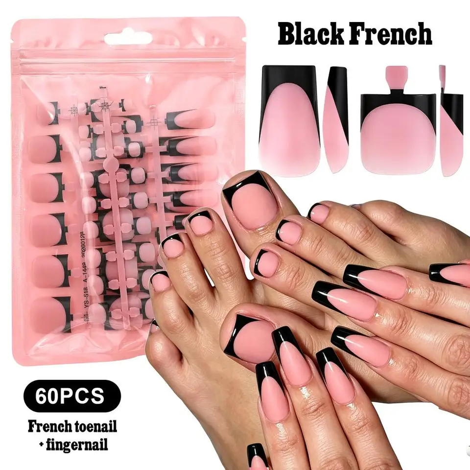 60 uñas postizas de presión para pies, blancas, negras, rosas, azules, francesas, cobertura completa, artificiales, para mujer, manicura 2