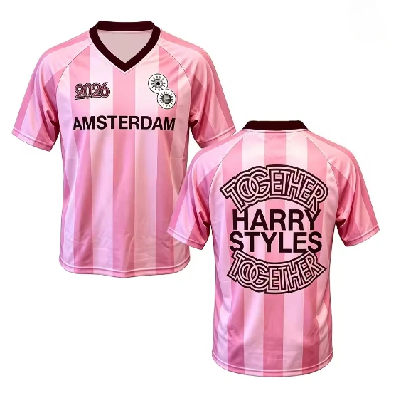 2026 New Short Sleeved T-shirt Amsterdam Harry Styles Pink Football T-shirt Unisex Top Casual Sports Shiert for Men and Women