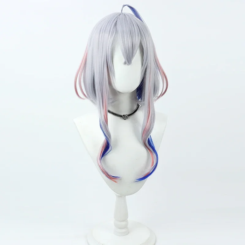 Vtuber Amane Kanata cosplay wig 55cm silver blue mixed pink heat resistant synthetic hair Halloween role play free wig cap