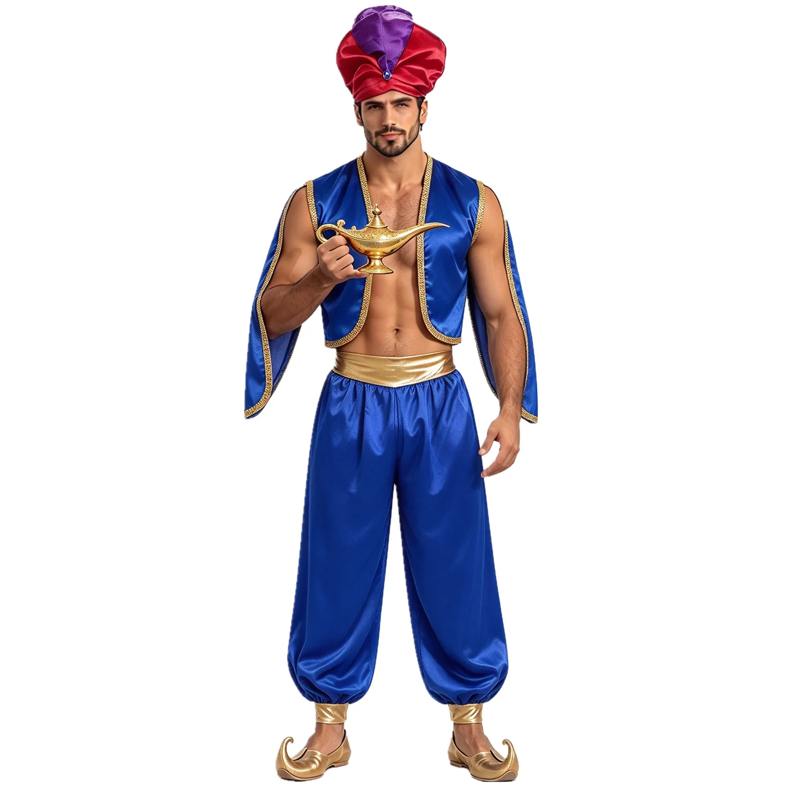 Traje de cosplay de príncipe árabe con lámpara mágica y elfo para hombre, chaleco de satén con abertura frontal y pantalones tipo harén, disfraz de fiesta temática de Halloween y mascarada.