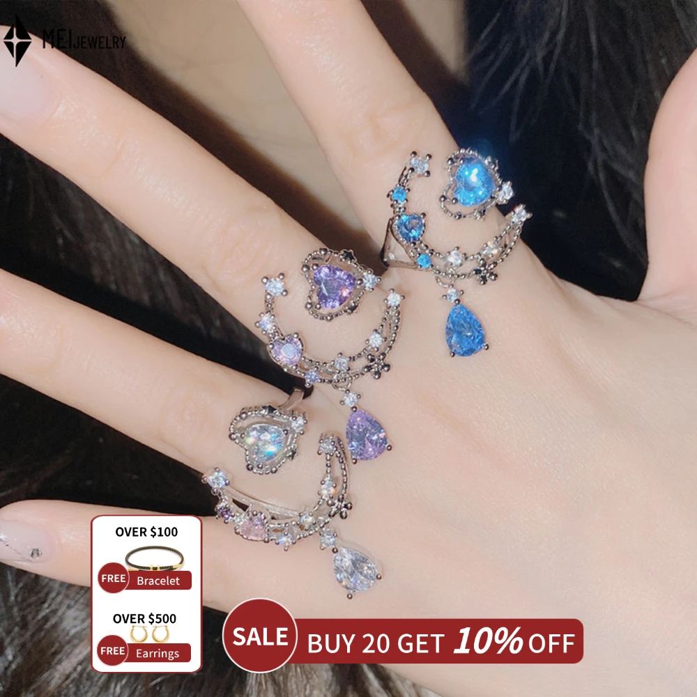 Sea Blue Love Cubic Zirconia Sweet Cool Spicy Girl Trendy Cool Heart Open Ring for Women Ring Gift