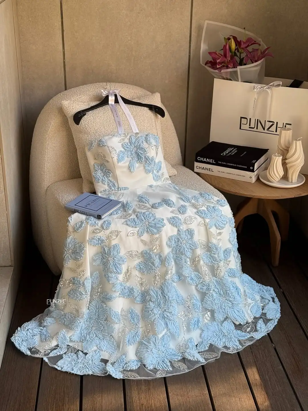 

New Design Sexy Strapless Appliques Flowers A Line Fairy Simple Princess Cocktail Evening Prom Formal Party Dress