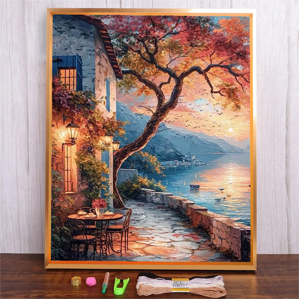 

Sunset Landscape Printed Cross Stitch Kit DIY Tree House Pattern 11CT Canvas Embroidery Kit Needlework Home Decoration Painting