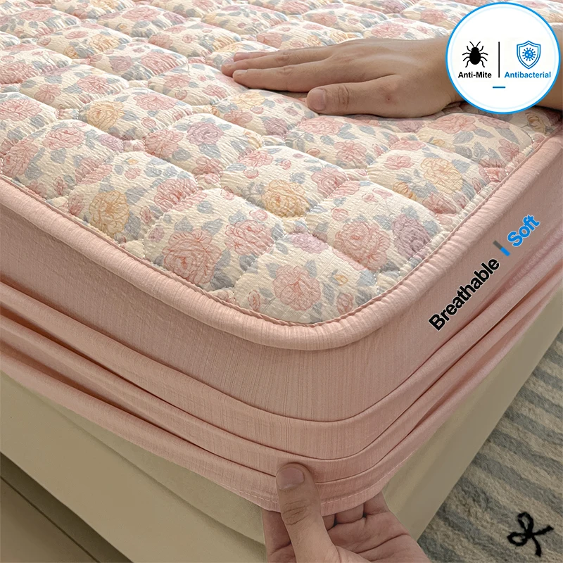 Breathable Soft Mattress Cover Fitted Sheet, Antibacterial Anti-Mite All Season Mattress Protector Non-Slip Silent Single/Double