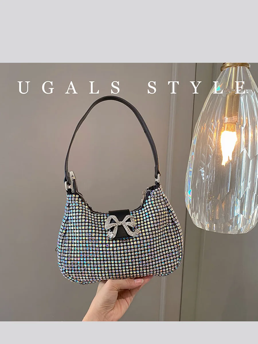 

Shiny Knot Diamond Embedded Tote Dinner Underarm Crossbody Small Bag UGALS Fairy Princess Style Evening Bag