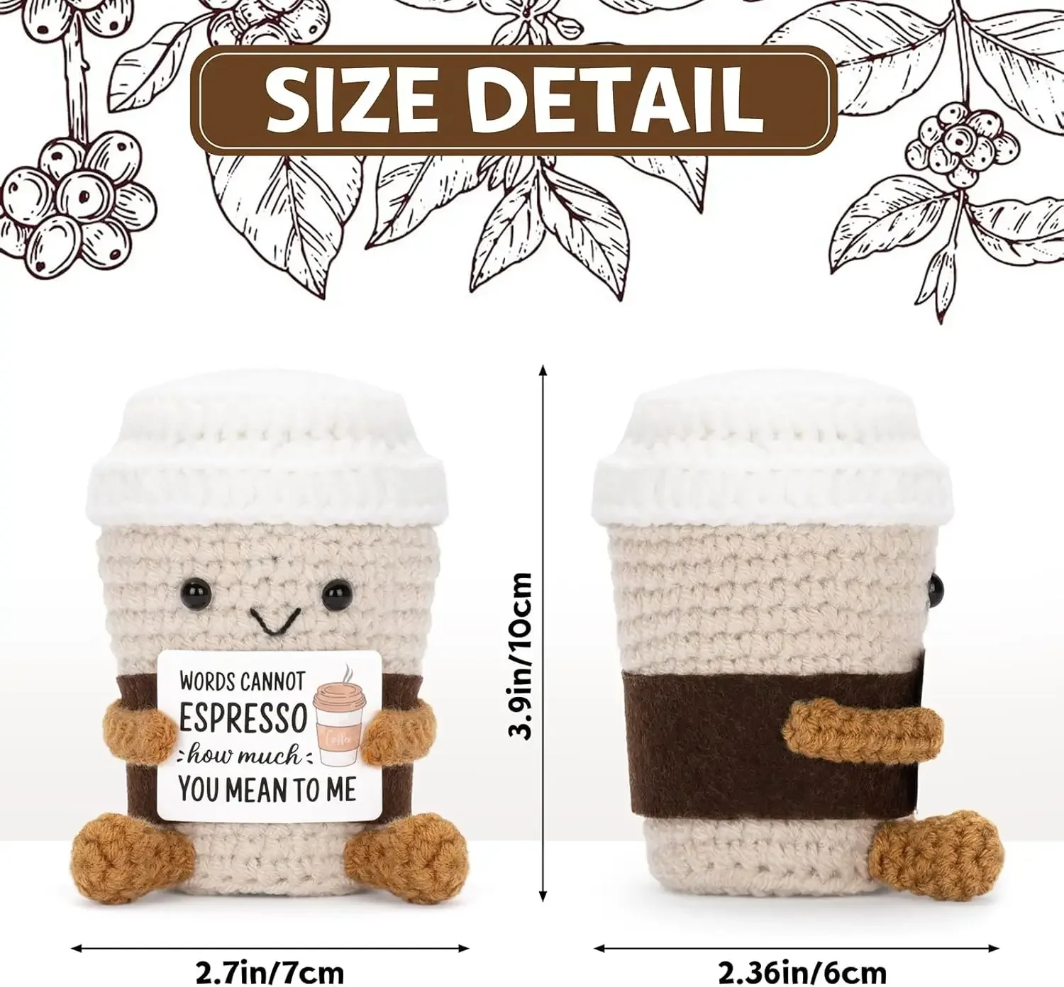 Funny Crochet Emotional Support Coffee Doll With Card Desktop Ornament Handmade Knitted Coffee Dolls Christmas Gifts Home Decor 3