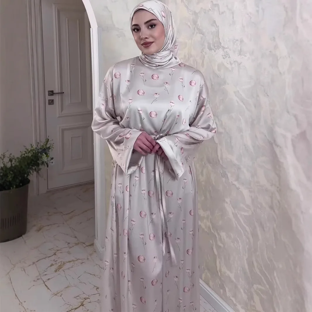 European Women's Printed Casual Trendy Elegant Loose Daily Long Sleeve Ankle Length Dresses Muslim Fashion Clothes Headscarf