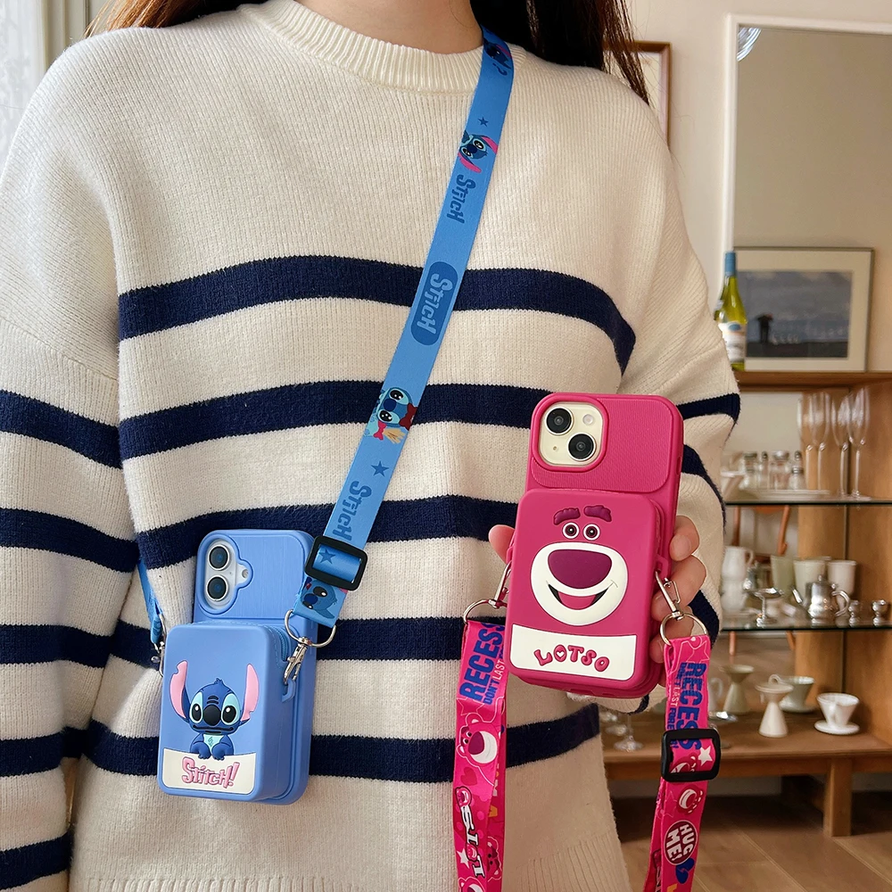 Stitch Lotso Bear Coin Purse Card Case Soft Silicone Wallet Cover With Holder Lanyard for iPhone 11 12 13 14 15 16 Plus Pro Max