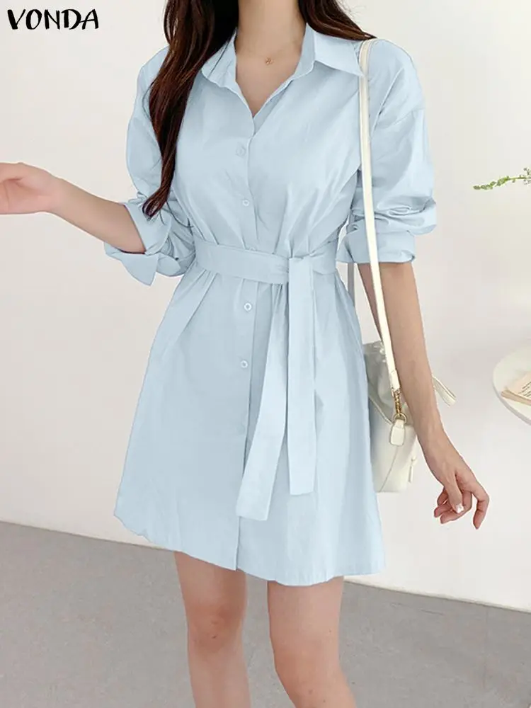 VONDA Sukienka koszulowa z długim rękawem, damska, elegancka, jesień 2025, modna, codzienna mini sukienka letnia, zapinana na guziki, z paskiem.
