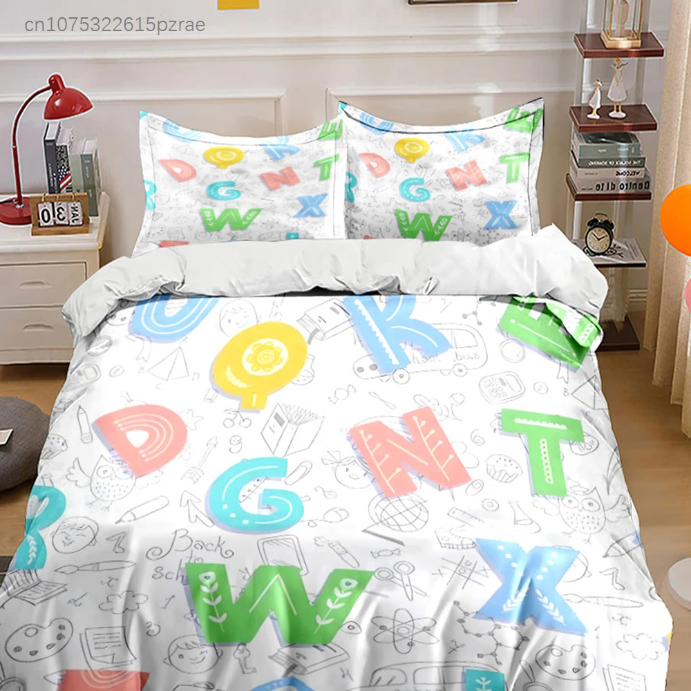 Cute Hand Drawn Alphabet Bedding Set,Kids Educational ABC Letter Doodle Print Duvet Cover Set,Soft Microfiber Bed Linen For Kids
