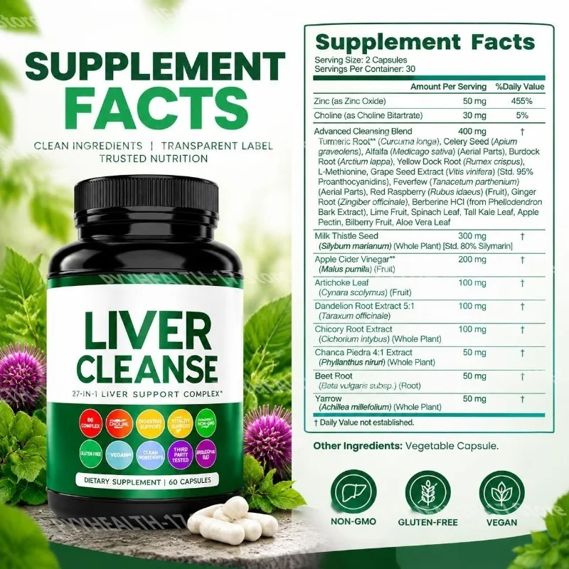 Liver Cleanse Supplement 27-in-1 Liver Support Complex with Milk Thistle Choline & Zinc Digestive & Energy Aid for Adult 60 Caps