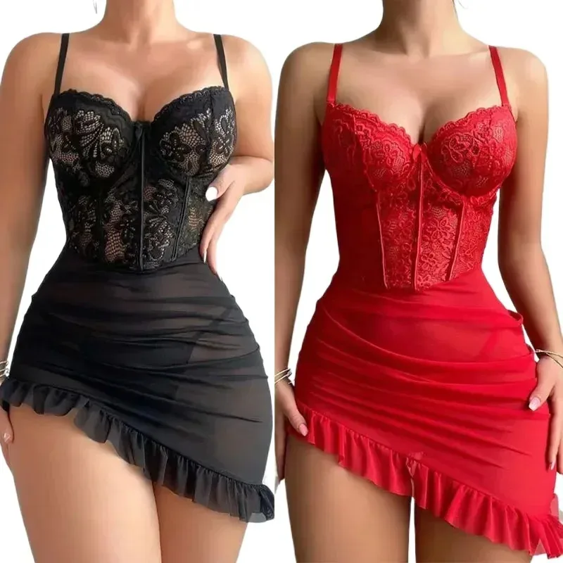 Women Fashion Lace Transparent Mini Dress Sexy Sling Bag Hip Dress Summer Sleeveless Dress  Holiday Party Women's Gift